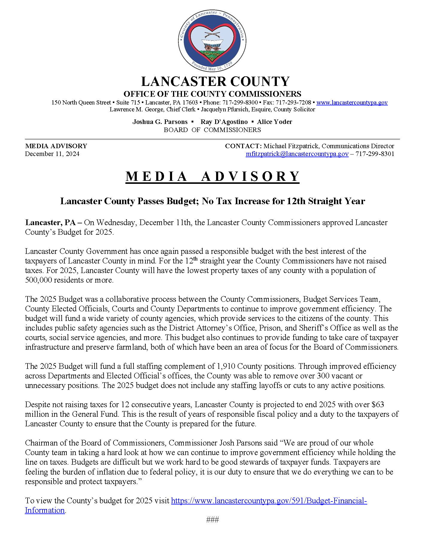 Media Advisory - 2025 Budget Passed