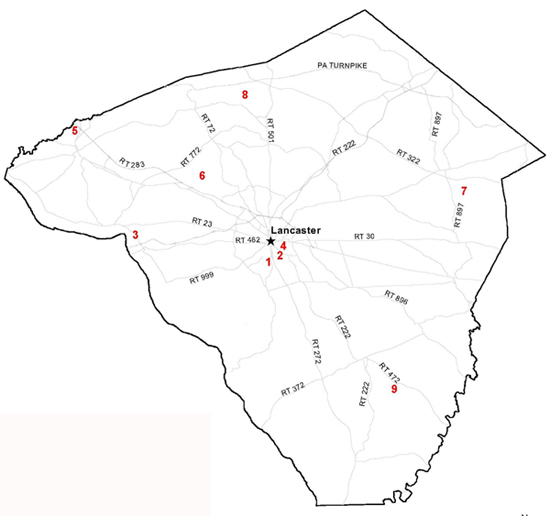 Lancaster County map showing location of County-owned parks.