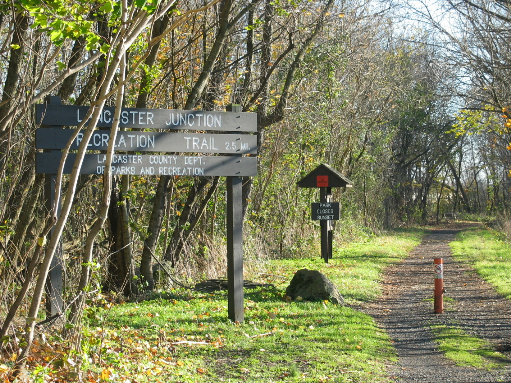 Lancaster Junction Recreation Trail sign at trailhead.